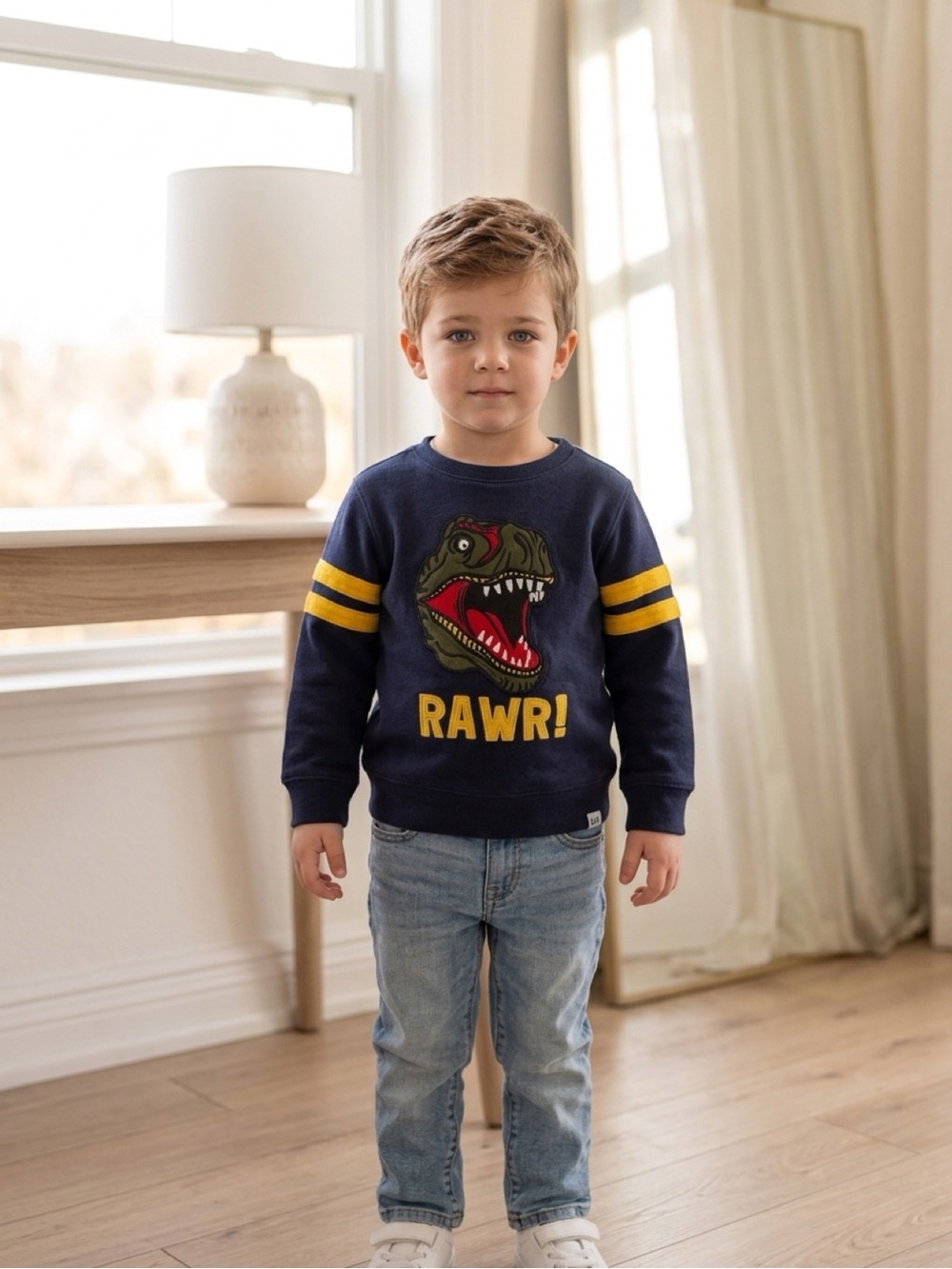 Baby Gap Navy “RAWR!” Dinosaur Varsity Sweatshirt 4T